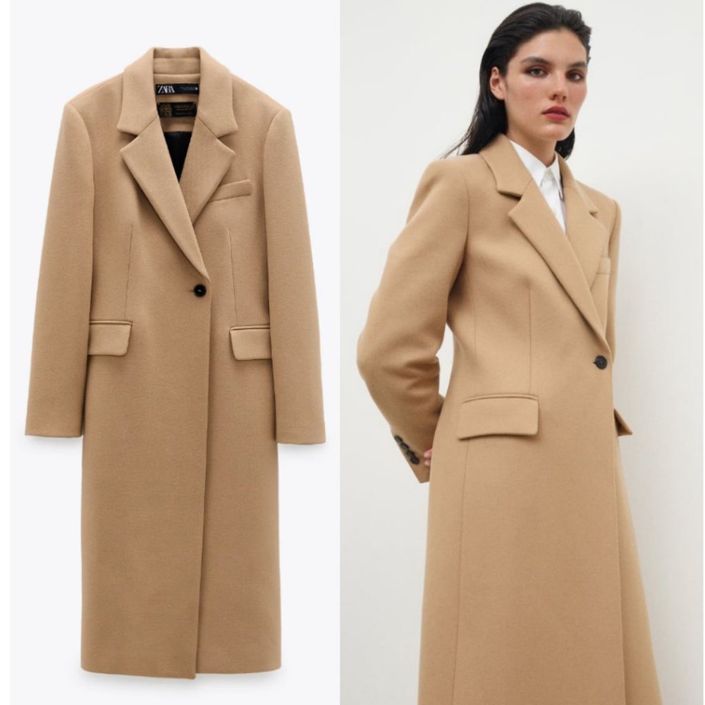 ZARA Camel Tan Long Oversized Wool Blend Preppy Academia Trench Jacket Pea Coat
